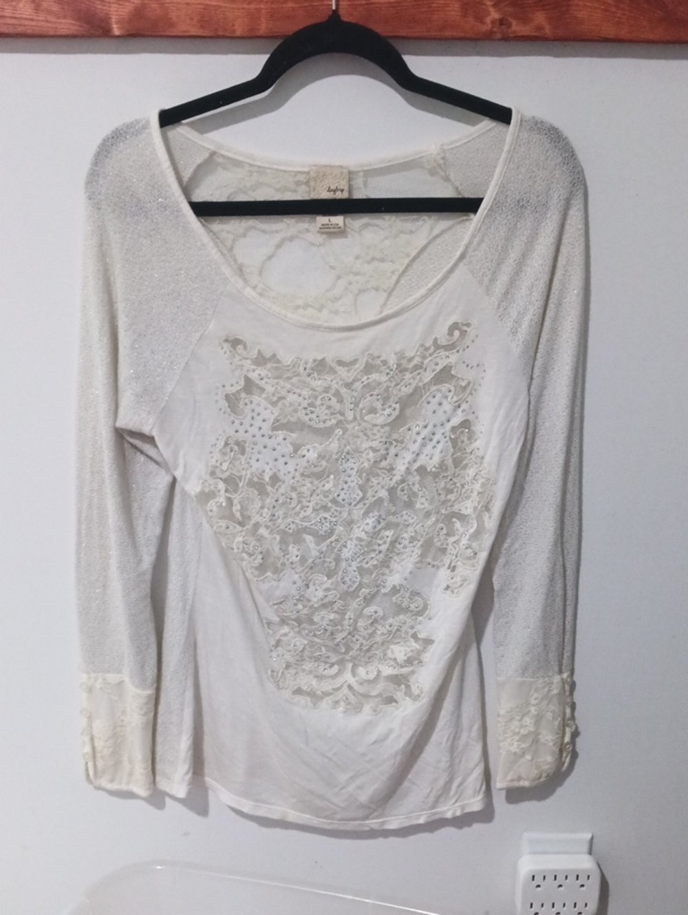 Daytrip Ivory Lace & Embellished Long Sleeve Scoop Top